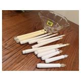Battery operated taper candles, glass serving bowl