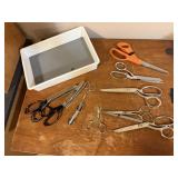 Tray of scissors, pinking shears