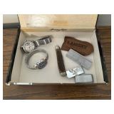 Cigar box, wristwatches, money clips, pocket knife