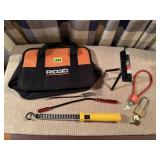 Tool bag, flashlights, level, locks