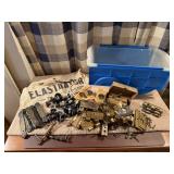 Tote of hinges, drawer pulls, hardware, nail belt
