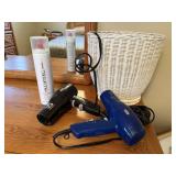 Basket, hair dryers, spray