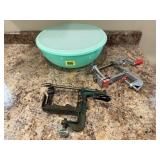 Apple corers (2), Tupperware storage bowl