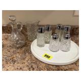 Lazy Susan, salt & pepper shakers, creamer, cruet