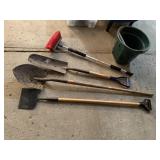 Shovels, scrub brush, bucket