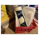Milk crate, plastic drop cloths