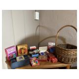 Basket of playing cards, games, card shuffler
