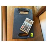 Clipboard, calculator, play money