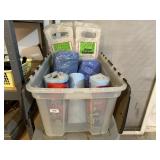 Tote of shop rags, towels, kneeling cushions