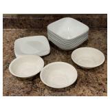 Corelle dishes, square bowls, plates, rounds