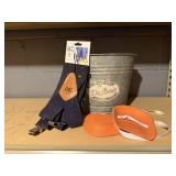 Galvanized bucket, NEW suspenders, knee pads