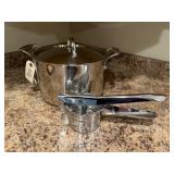 Stainless stock pot, potato ricer
