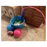 Bucket of balls, football, soccer, basketball,