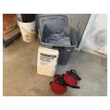 Tote of drop cloths, tarp, knee pads