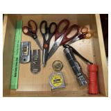 Contents of utility drawer, scissors, flashlights