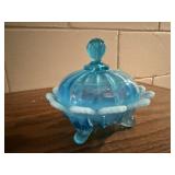Blue moonstone candy dish, crystal hummingbirds