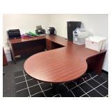 Wooden three piece office desk with drawers.