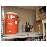 5 gallon igloo water cooler, glassware, and