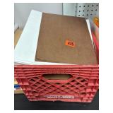 Crate of cardboard squares, glass squares, misc.