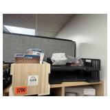 Misc office supplies, trays and wood crate