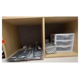 Plastic drawers with office supplies and bathroom