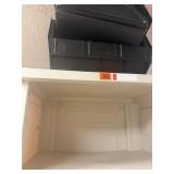 Tall plastic shelf with drawers/ tubs and a broom