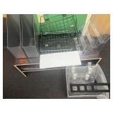 Shoe shelf with office supplies, baskets, more