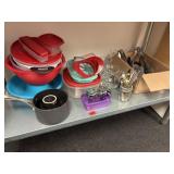 Everything on bottom shelf. Tupperware, syrup