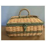 Sewing basket, wooden spools of thread