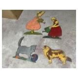 Wooden cat, dog, garden ladies