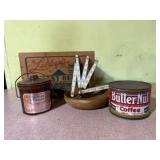 Cheese crock, coffee can, folding ruler