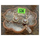 Pink clover dish, matching brooches