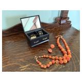 Coral necklace, earrings, jewelry box