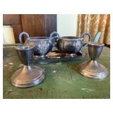 Weighted sterling silver candlesticks, cream/sugar
