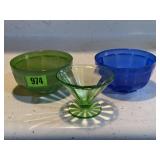 Green depression cup, colored bowls