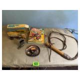 Whip, covered wagon, cowboy hat, boot collectibles