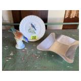 Bird figurine, plate, silver bowl