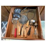 Vintage utensils, potato masher, sifter