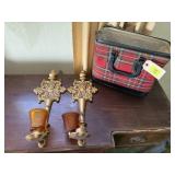 Plaid bag, wall sconces,
