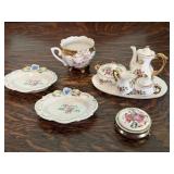 Miniature tea set, pill box, hand painted plates