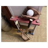 Partial croquet set, baseball glove, racquet