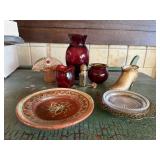 Red glassware, shoe, metal basket, hat pins