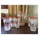 Red band etched beverage set, pitcher, drinks (5)