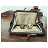 Turquoise silver clip on earrings, coin purse