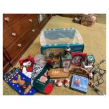 Tote of holiday decorations, stockings, ornaments