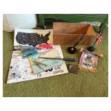 Maps, desk accessories, staplers, flag