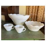 Milk glass punch bowl set, cups