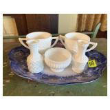 Cobalt china platter, sugar dishes, bud vases