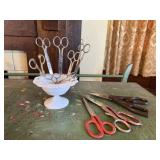 Milk glass dish, scissors