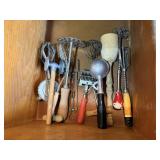 Vintage kitchen utensils, meat tenderizer, scoop